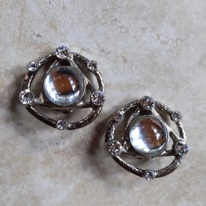 Vintage 1980s Barrera Glass Cabuchon Celestial Dome Rhinestone Clip Earrings